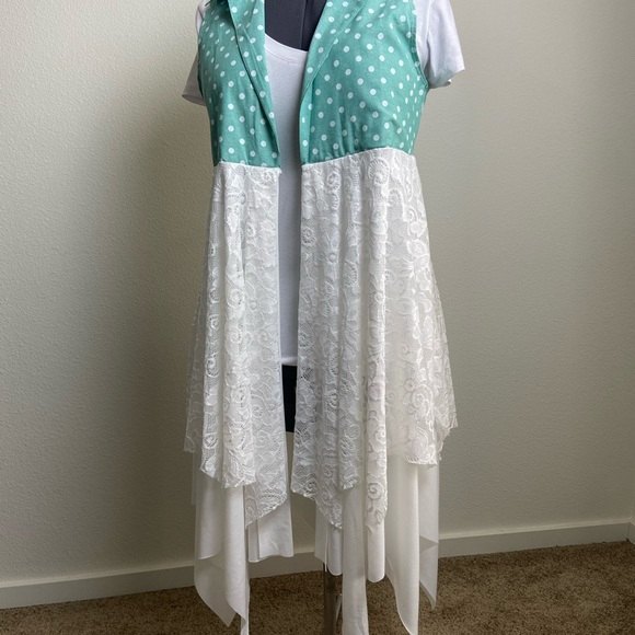 American Made Bohemian Green Polka Dots Lacey Vest Open Zigzag Small Cardigan - Picture 3 of 5